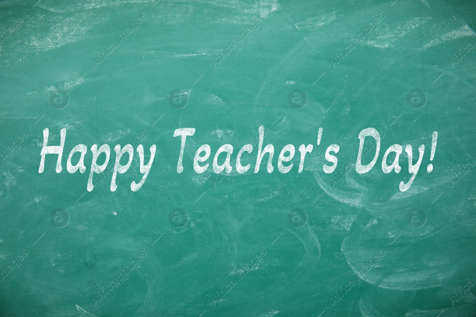 Image of Happy Teacher's Day greeting card. Text on green chalkboard