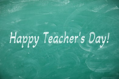 Image of Happy Teacher's Day greeting card. Text on green chalkboard