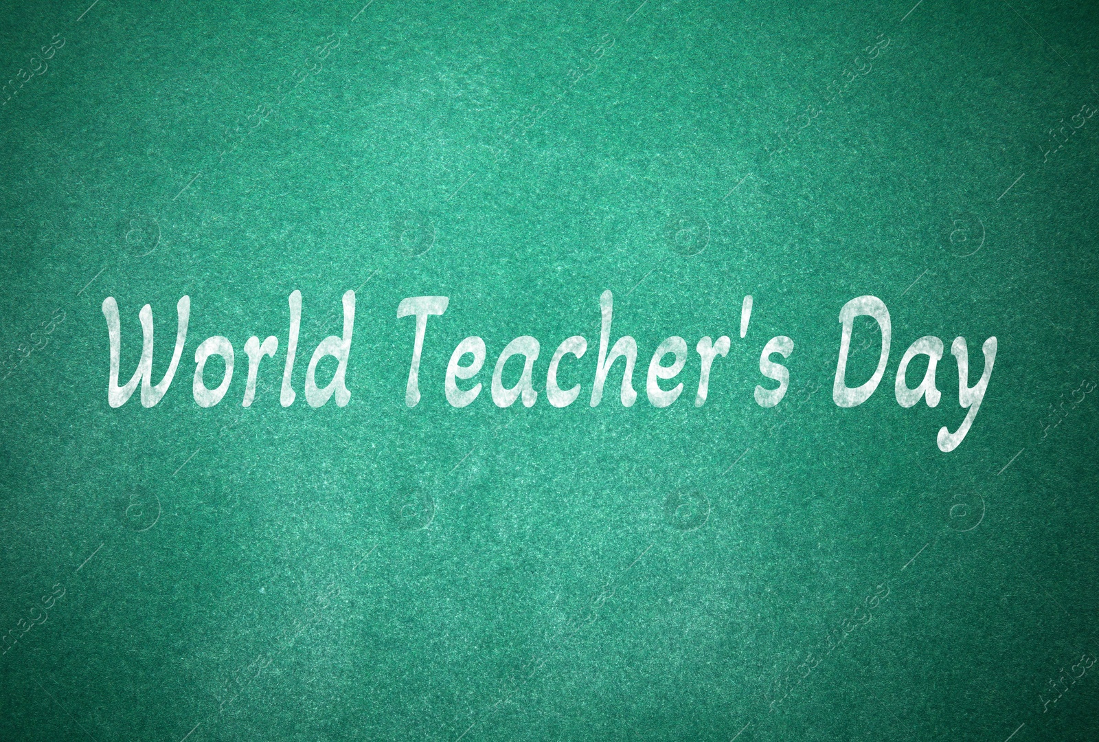Image of Happy Teacher's Day greeting card. Text on green chalkboard