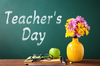 Image of Happy Teacher's Day greeting card with flowers and text on green chalkboard