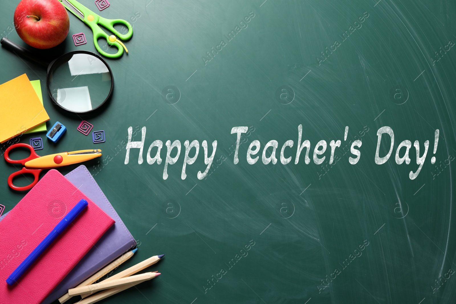 Image of Happy Teacher's Day greeting card with stationery and text on green chalkboard
