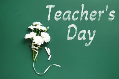 Image of Happy Teacher's Day greeting card with flowers and text on green chalkboard
