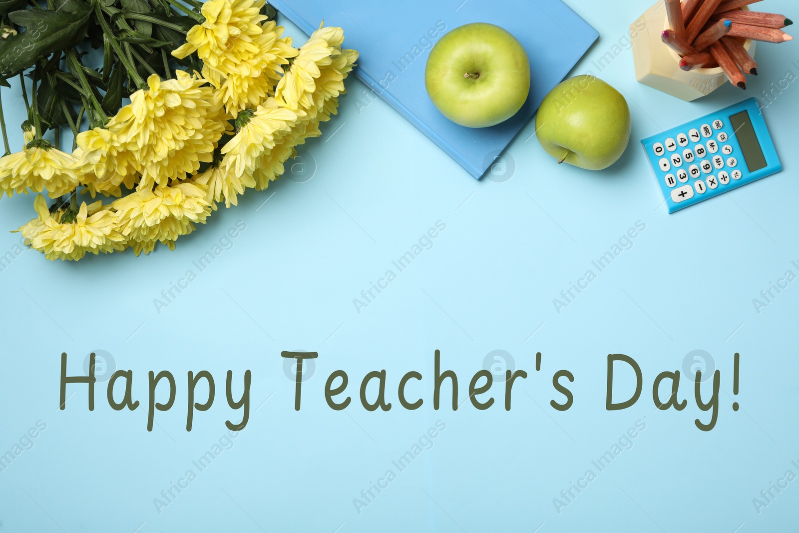 Image of Happy Teacher's Day greeting card with flowers, stationery and text on light blue background