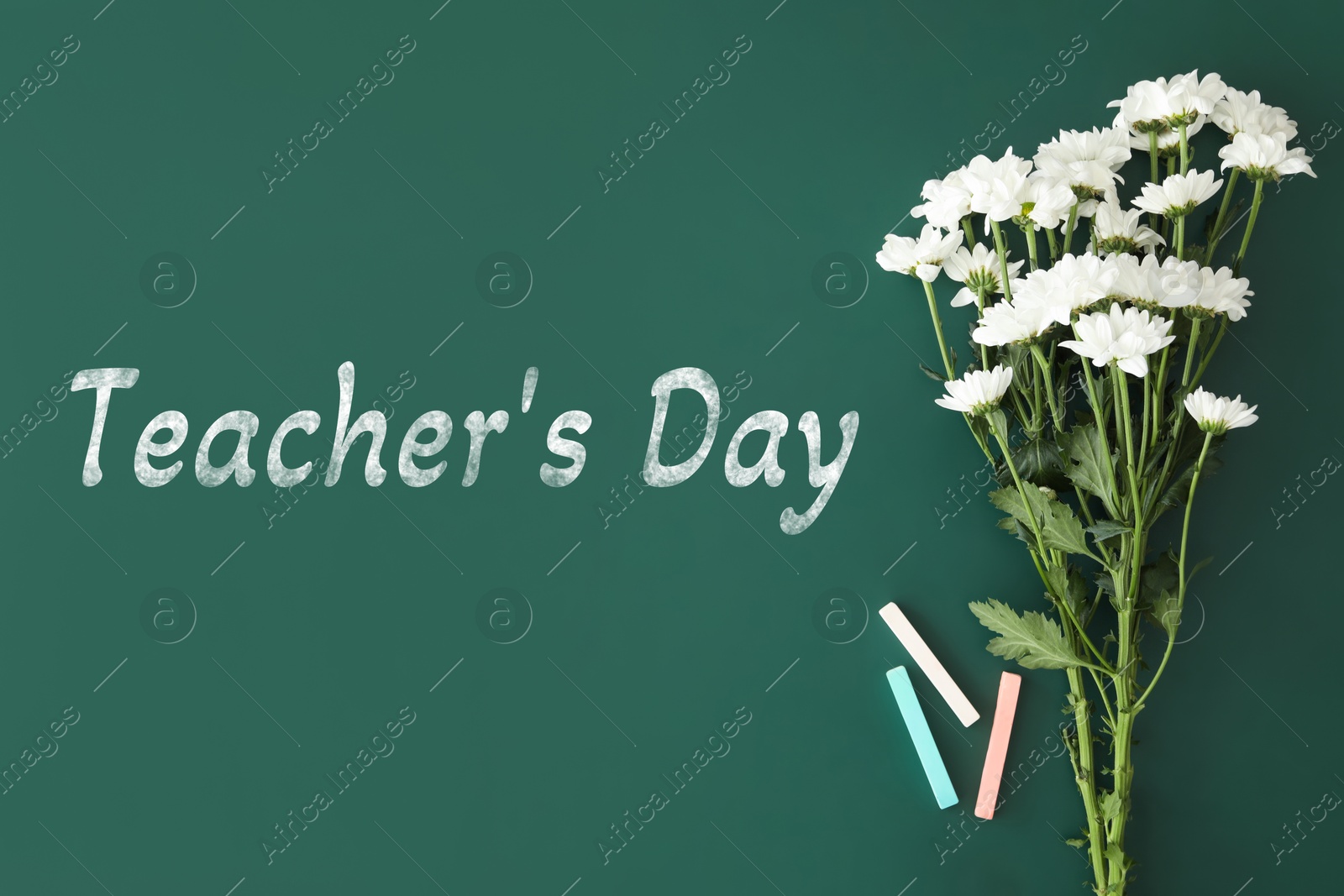 Image of Happy Teacher's Day greeting card with flowers and text on green chalkboard