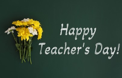 Image of Happy Teacher's Day greeting card with flowers and text on green chalkboard