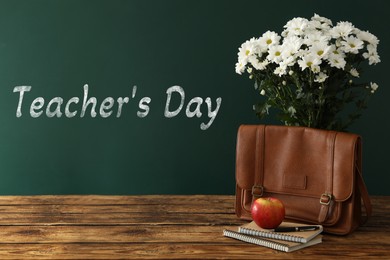 Image of Happy Teacher's Day greeting card with flowers and text on green chalkboard