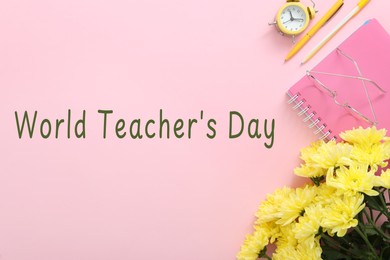Image of Happy Teacher's Day greeting card with flowers, stationery and text on pink background