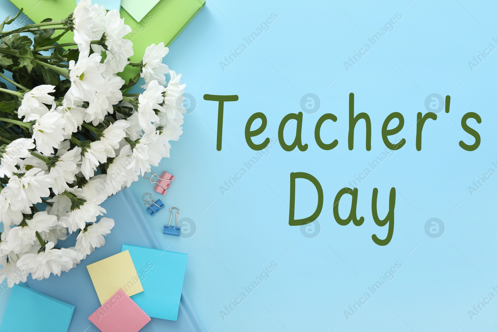 Image of Happy Teacher's Day greeting card with flowers, stationery and text on light blue background