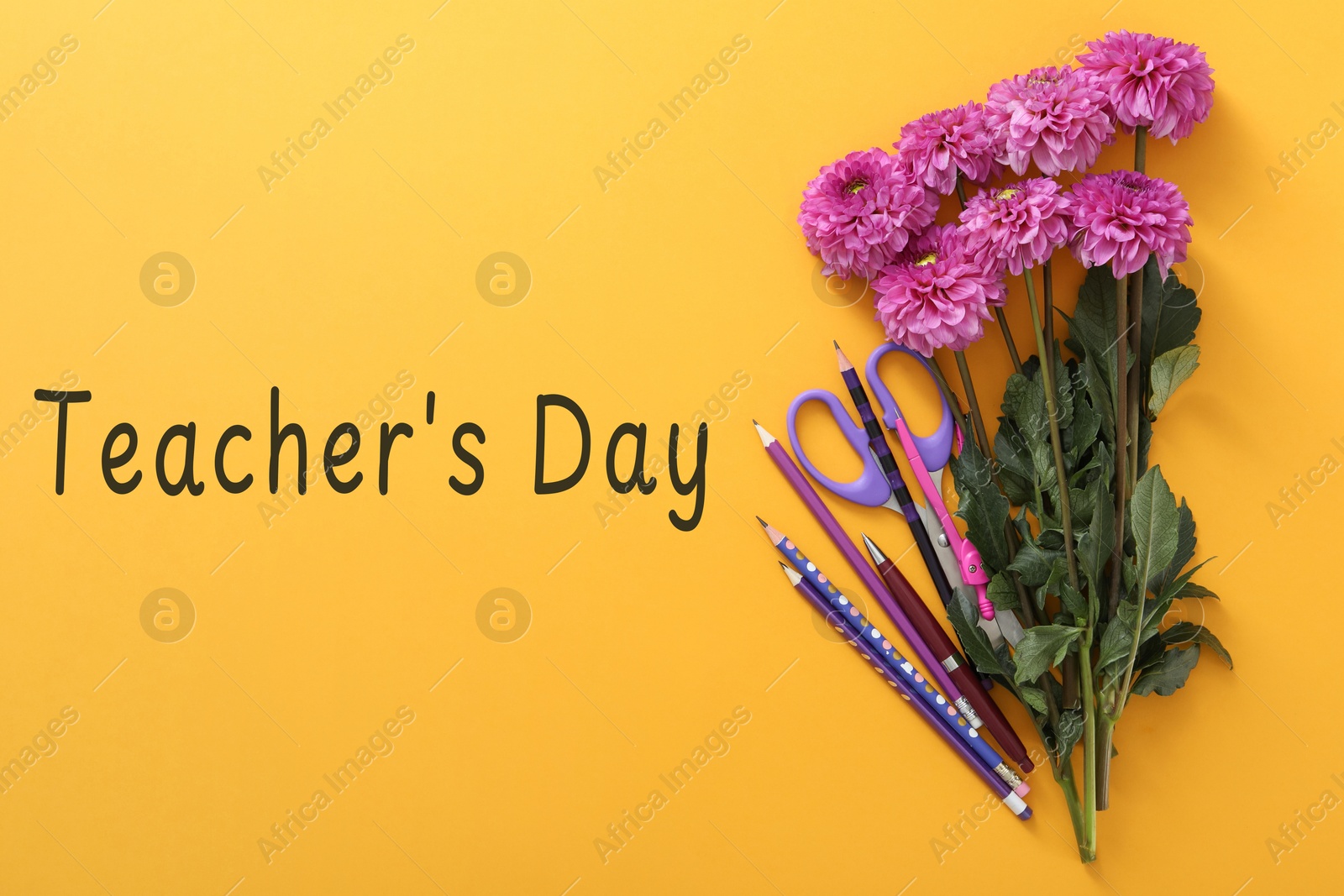 Image of Happy Teacher's Day greeting card with flowers, stationery and text on orange background