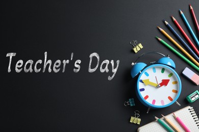 Image of Happy Teacher's Day greeting card with stationery and text on blackboard