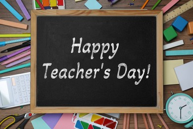 Image of Happy Teacher's Day greeting card. Small chalkboard with text and stationery