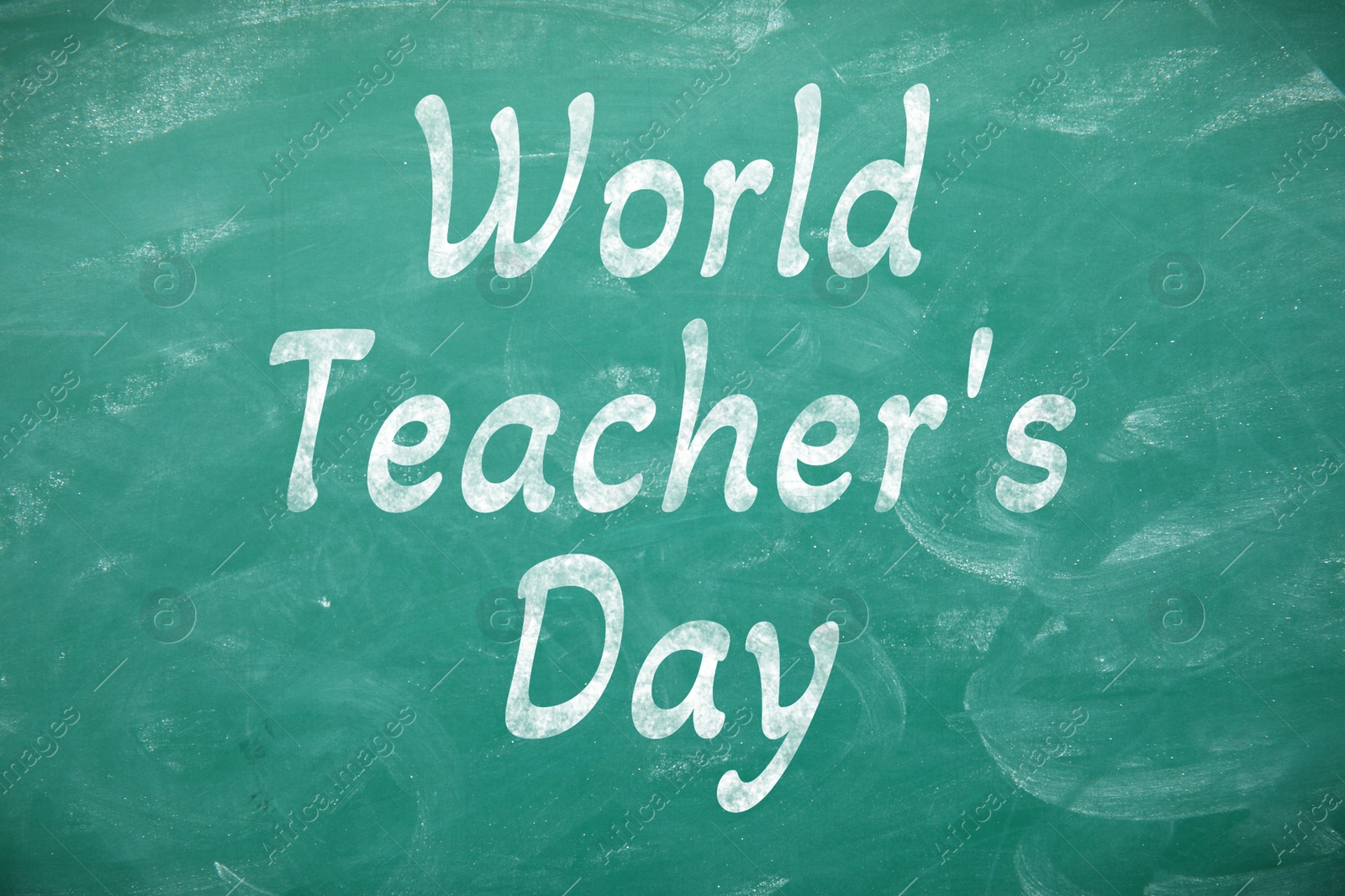 Image of Happy Teacher's Day greeting card. Text on green chalkboard