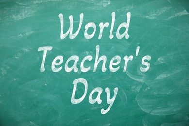 Image of Happy Teacher's Day greeting card. Text on green chalkboard