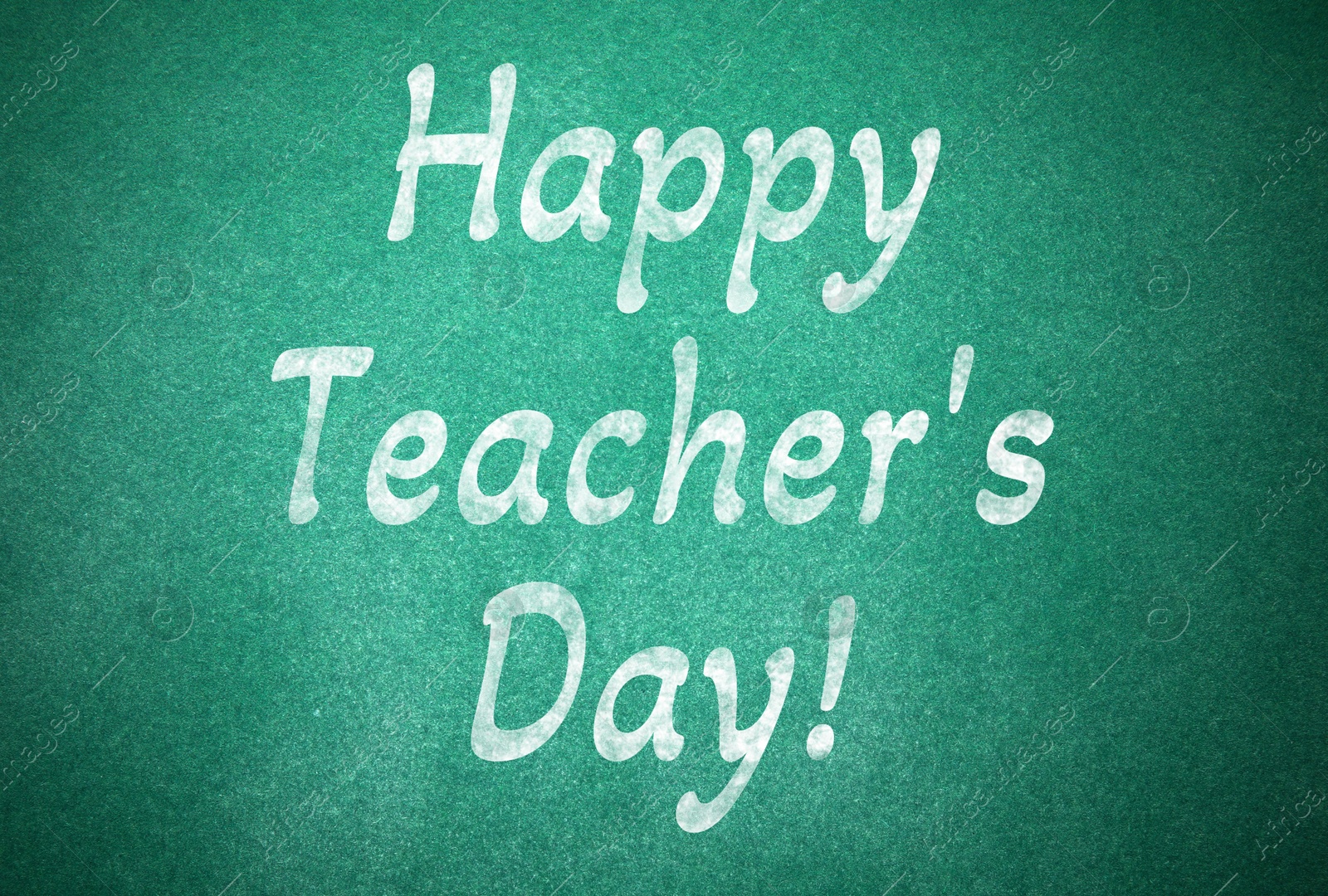 Image of Happy Teacher's Day greeting card. Text on green chalkboard