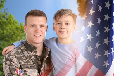 Image of Military man and his son outdoors, double exposure with national flag of USA