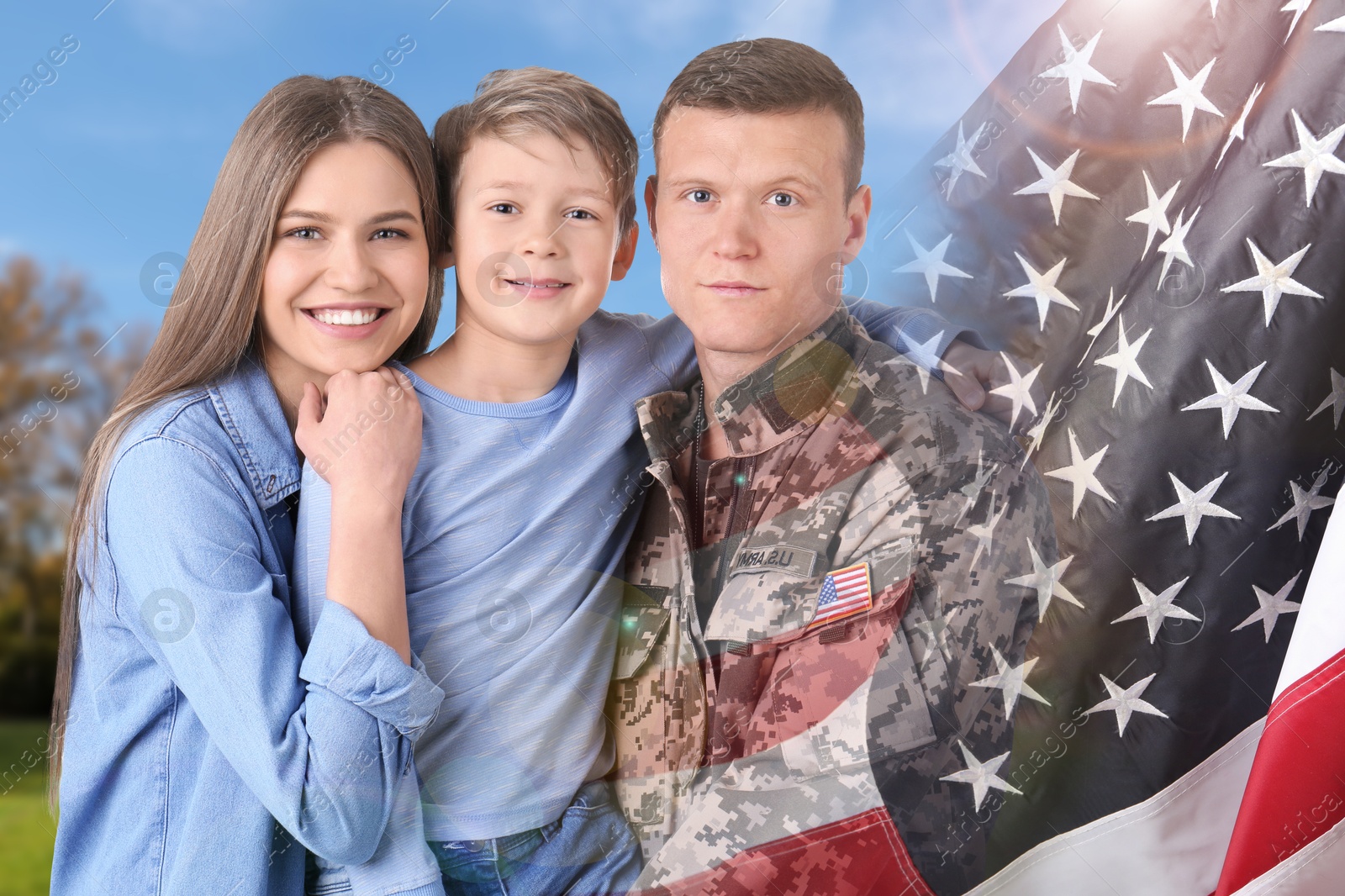 Image of Military man and his family outdoors, double exposure with national flag of USA