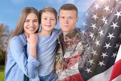 Image of Military man and his family outdoors, double exposure with national flag of USA