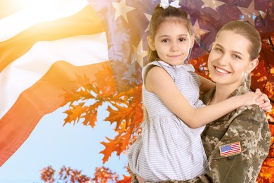 Image of Military woman and her daughter outdoors, double exposure with national flag of USA