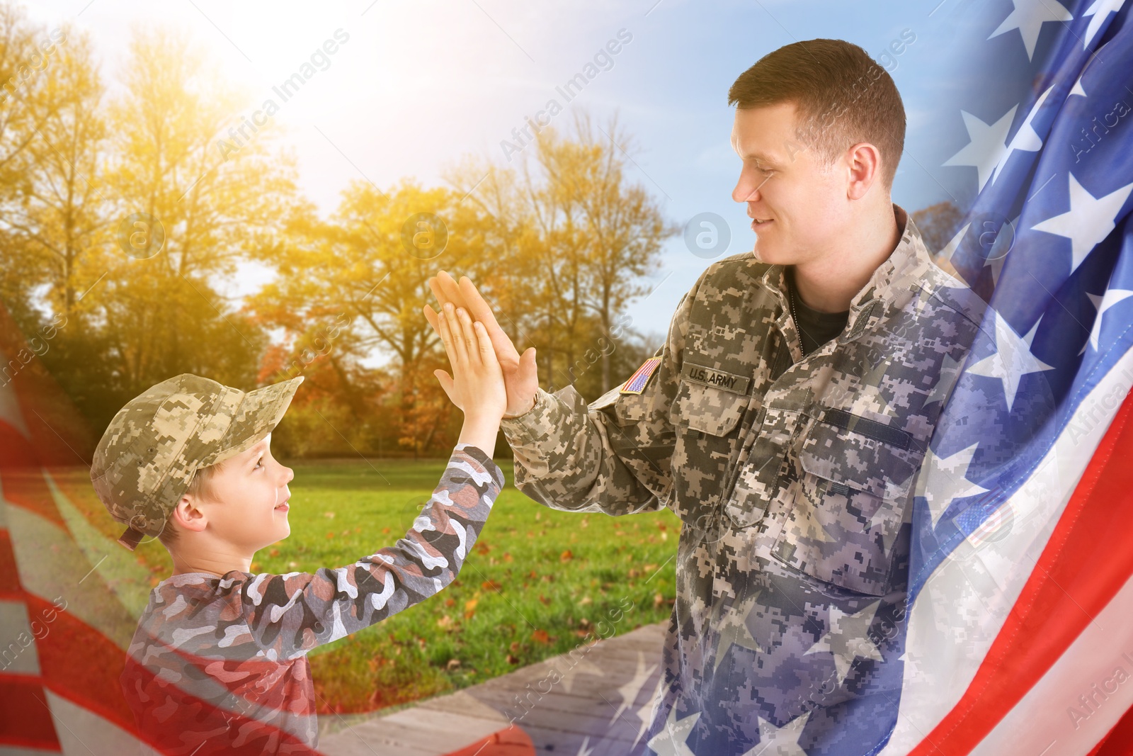 Image of Military man giving his son high five outdoors, double exposure with national flag of USA