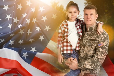 Image of Military man and his daughter outdoors, double exposure with national flag of USA