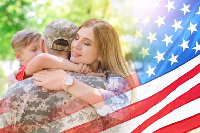 Image of Military man and his family outdoors, double exposure with national flag of USA