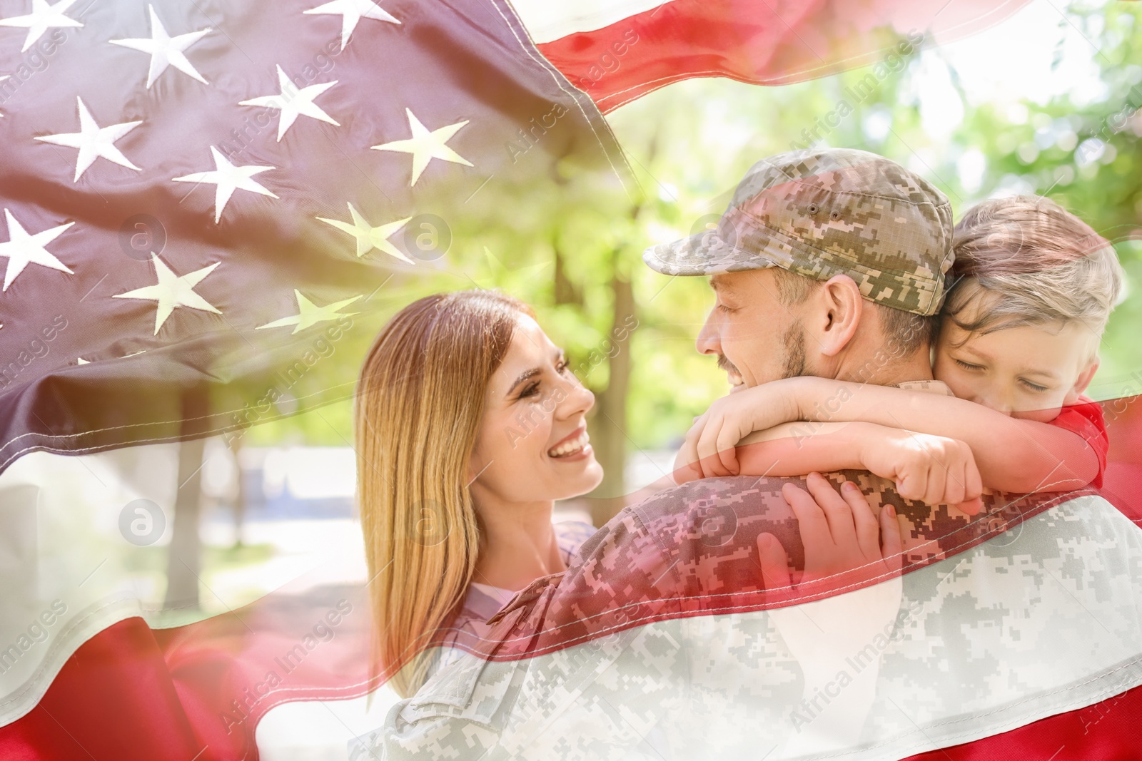 Image of Military man and his family outdoors, double exposure with national flag of USA