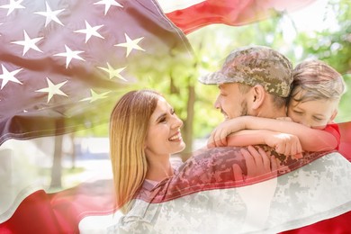 Image of Military man and his family outdoors, double exposure with national flag of USA