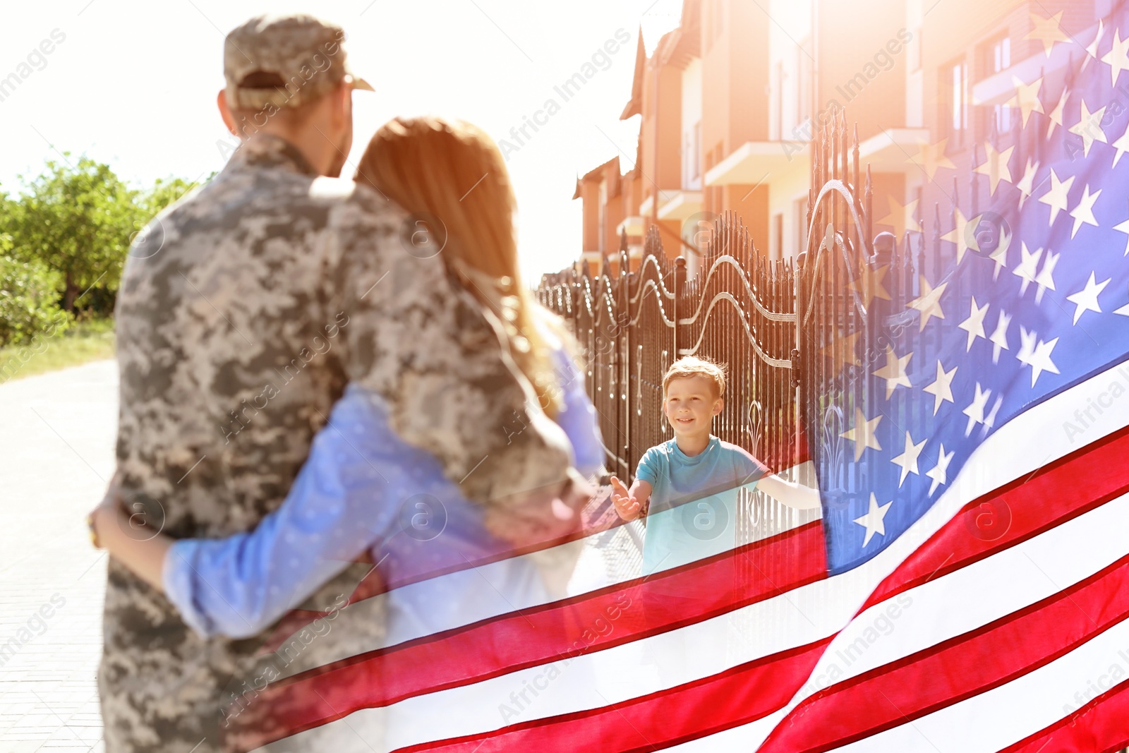 Image of Military man and his family outdoors, double exposure with national flag of USA