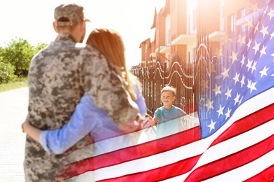 Image of Military man and his family outdoors, double exposure with national flag of USA