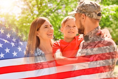 Image of Military man and his family outdoors, double exposure with national flag of USA