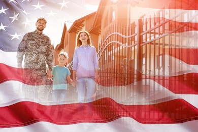 Image of Military man and his family outdoors, double exposure with national flag of USA
