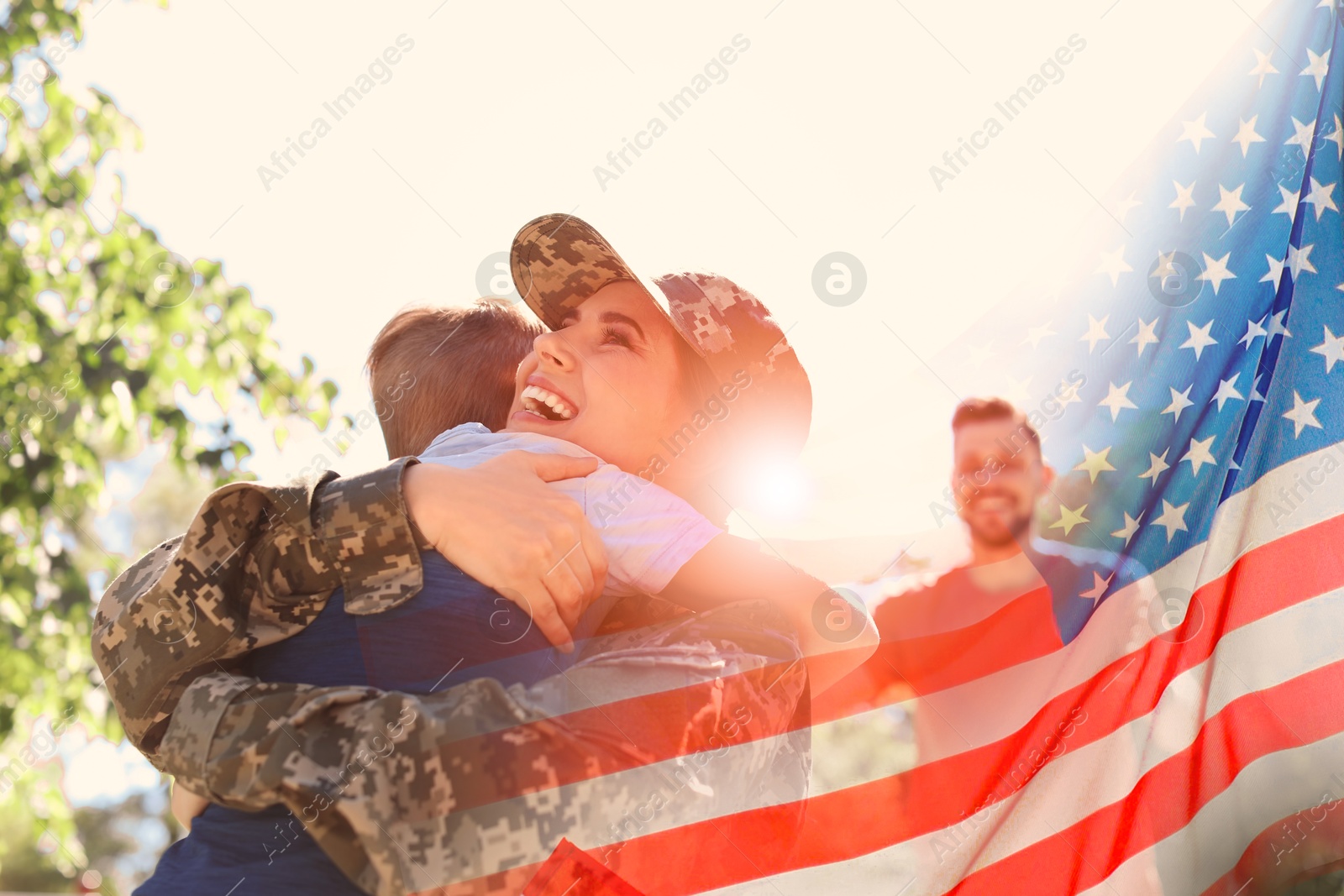 Military woman and her family outdoors, double exposure with national flag of USA Image of Military woman and her family outdoors, double exposure with national flag of USA