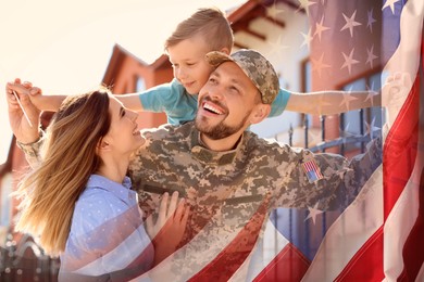 Image of Military man and his family outdoors, double exposure with national flag of USA