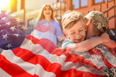 Image of Military man and his family outdoors, double exposure with national flag of USA