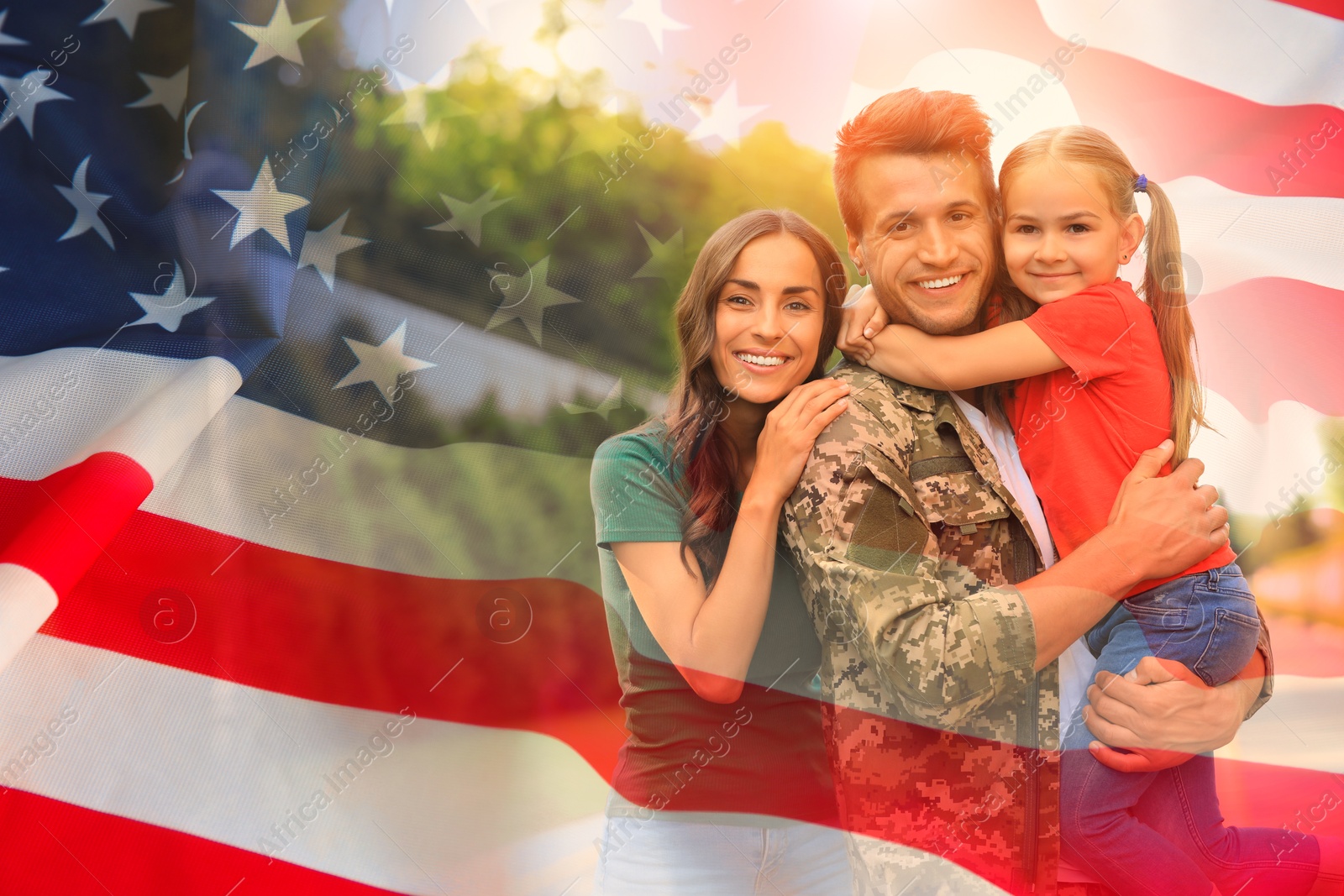 Image of Military man and his family outdoors, double exposure with national flag of USA