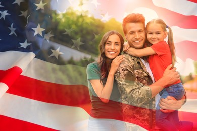 Image of Military man and his family outdoors, double exposure with national flag of USA