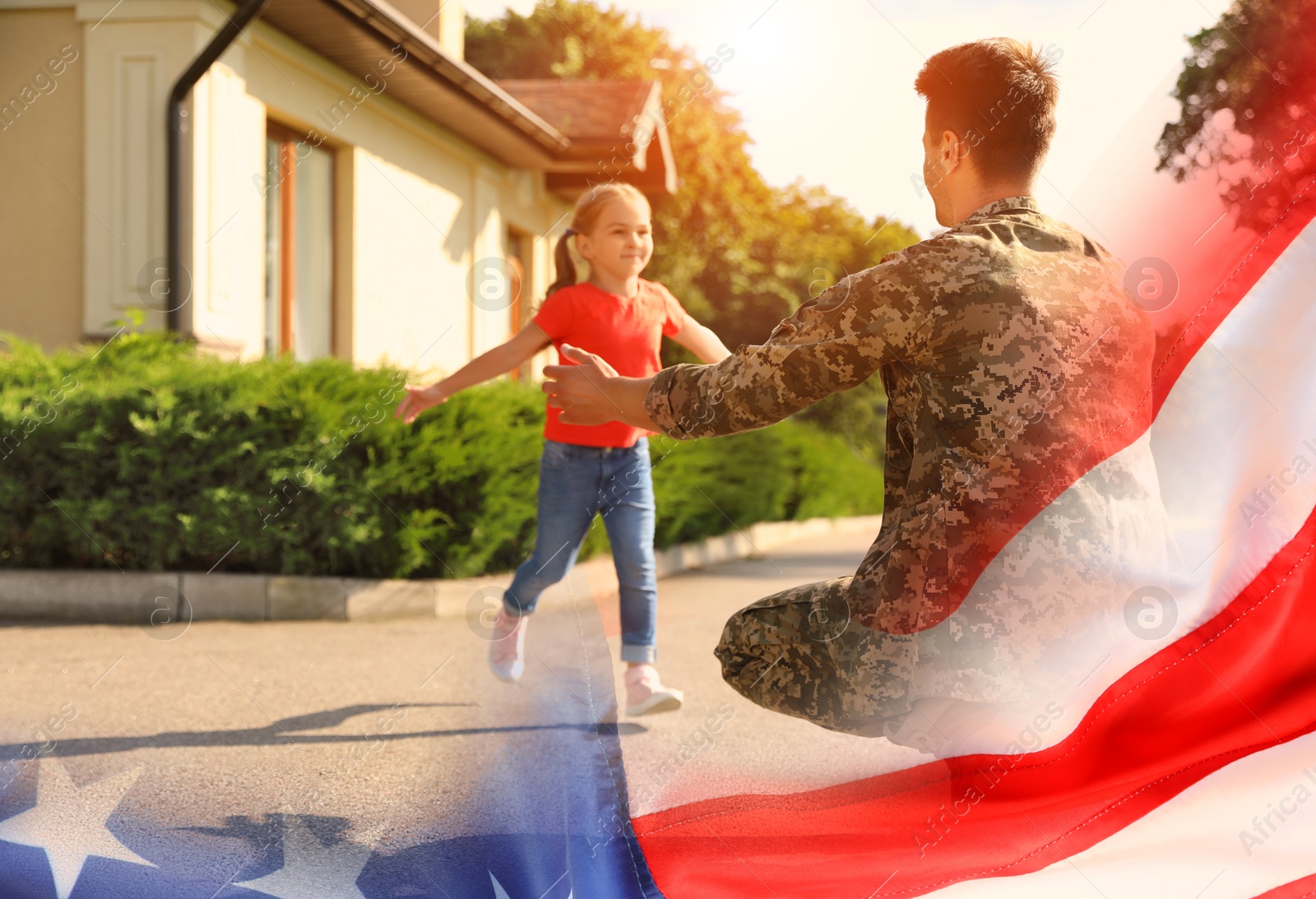 Image of Military man and his daughter outdoors, double exposure with national flag of USA