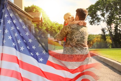 Image of Military man and his daughter outdoors, double exposure with national flag of USA