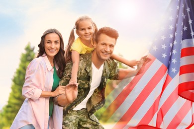 Image of Military man and his family outdoors, double exposure with national flag of USA