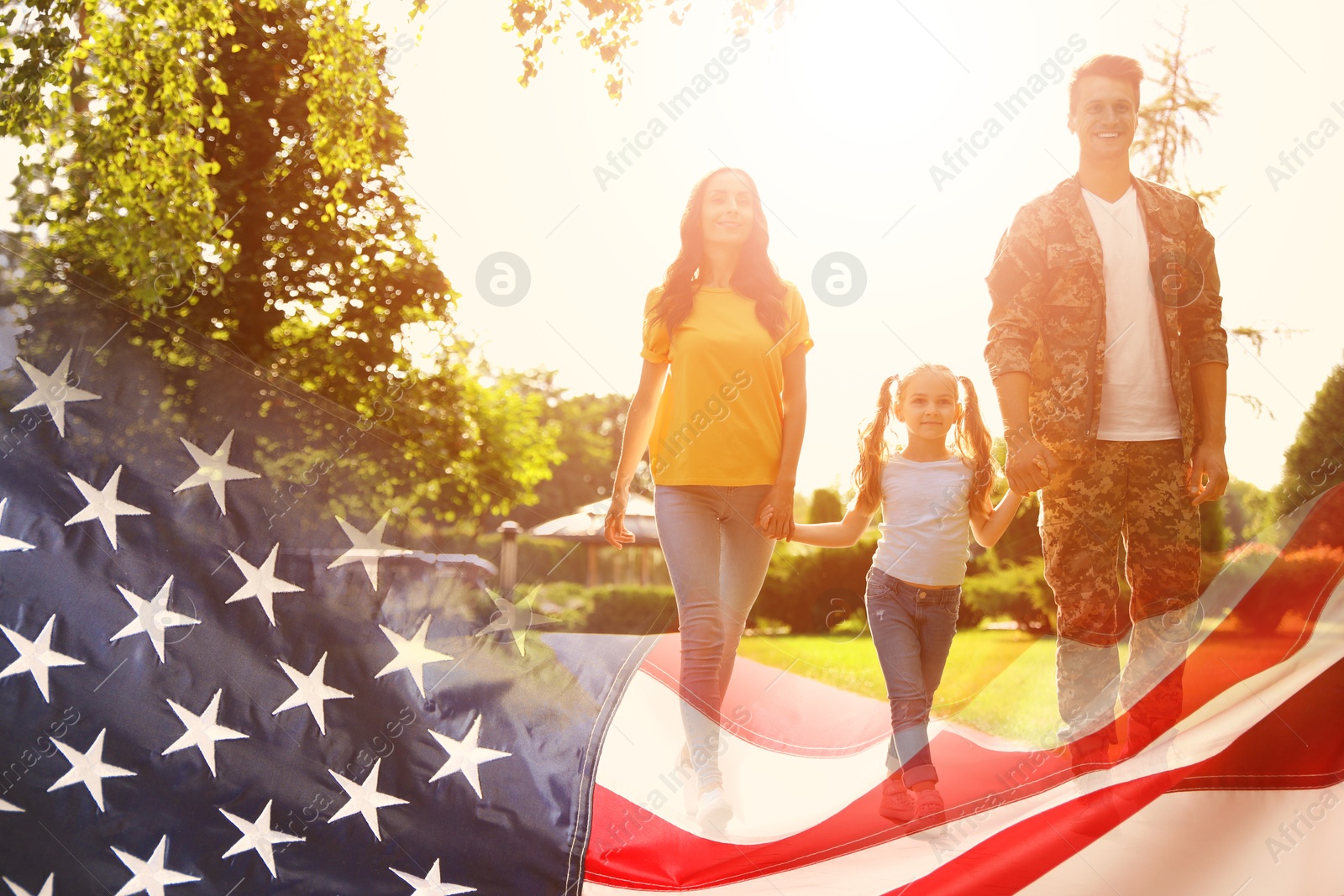 Image of Military man and his family outdoors, double exposure with national flag of USA