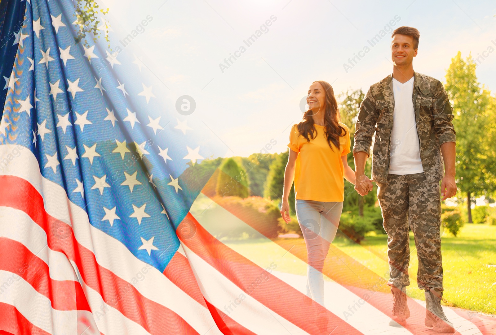 Image of Military man and his girlfriend outdoors, double exposure with national flag of USA