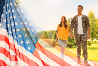 Image of Military man and his girlfriend outdoors, double exposure with national flag of USA