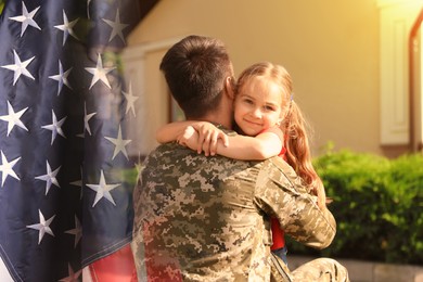 Image of Military man and his daughter outdoors, double exposure with national flag of USA