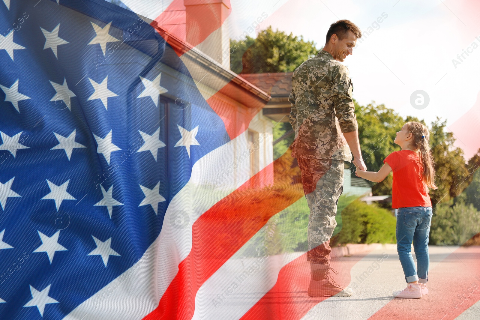 Image of Military man and his daughter outdoors, double exposure with national flag of USA