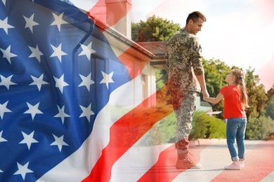 Image of Military man and his daughter outdoors, double exposure with national flag of USA