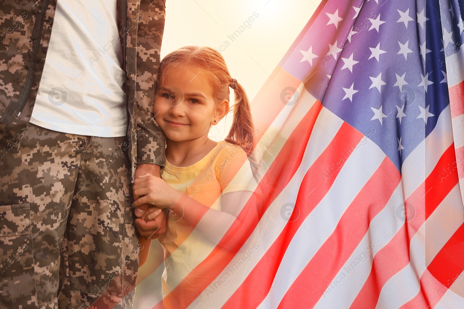 Image of Military man and his daughter outdoors, double exposure with national flag of USA
