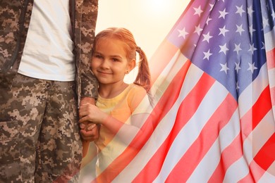 Image of Military man and his daughter outdoors, double exposure with national flag of USA