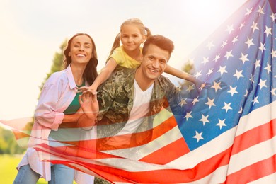 Image of Military man and his family outdoors, double exposure with national flag of USA