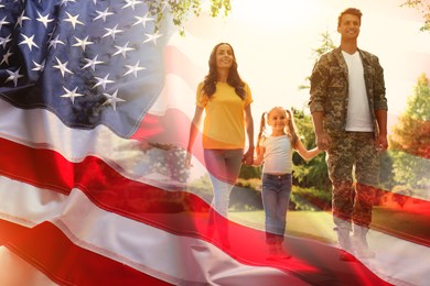 Image of Military man and his family outdoors, double exposure with national flag of USA