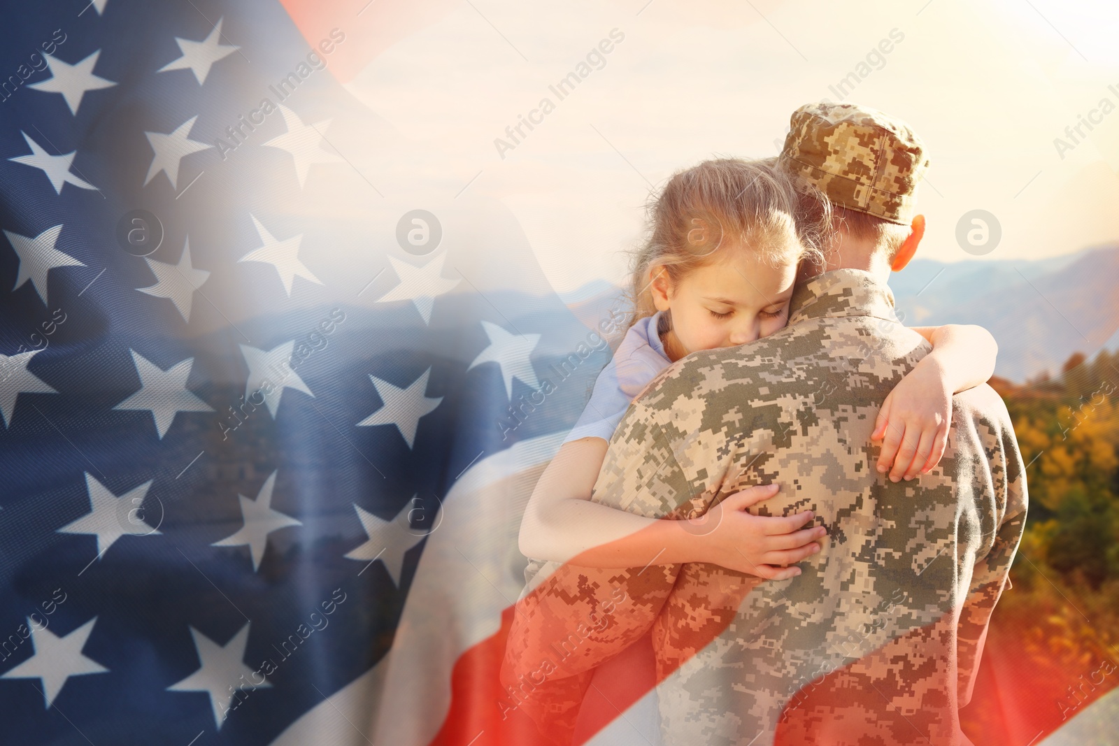 Image of Military man and his daughter outdoors, double exposure with national flag of USA